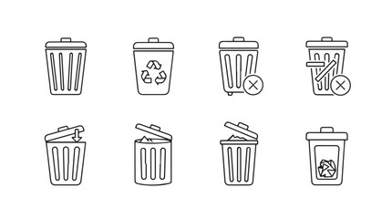 Collection of simple outline trash can icons various styles including recycling symbol and waste vector
