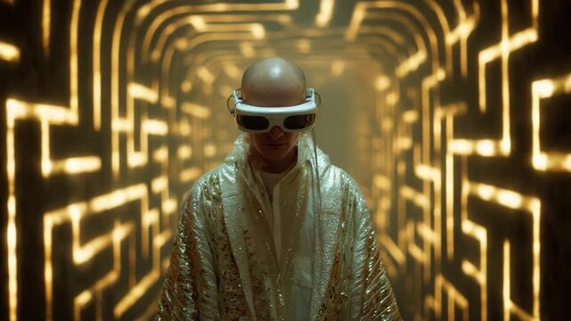 A futuristic figure stands confidently within an illuminated maze, showcasing a bold and stylish aesthetic. With sleek goggles and a shimmering cloak, the atmosphere radiates energy and innovation.