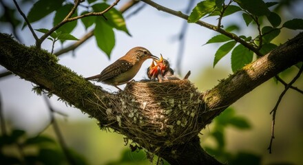 Parent Bird Nurtures Hungry Chicks in Intricate Nest on Tree Branch, Lush Green Foliage Framing.
