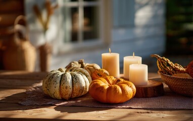 Enjoying an autumn table setting outside with pumpkins, gourds, and candles for a seasonal gathering