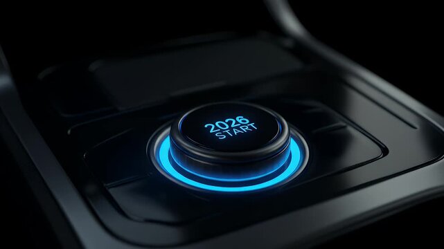 Futuristic digital interface showcases a glowing blue illuminated start button with the year 2026 displayed, set within a sleek, dark car console, illustrating advanced technology and innovative...