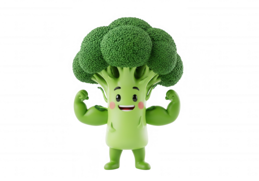 Muscular broccoli character flexing isolated on a transparent background - Powered by Adobe