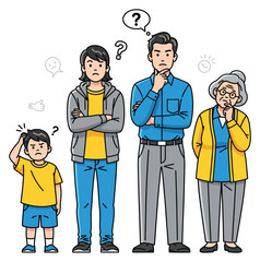 Family members of different ages standing together with question marks silhouette