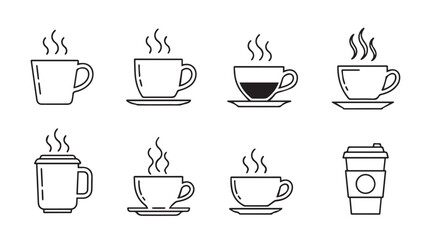 Collection of steaming coffee cups and mug icons for breakfast and cafe ambiance vector