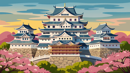 Himeji Castle in Japan, white fortress walls soaring above blossoming gardens, symmetrical tiers and tiled roofs, refined balance of cultural architecture translated into precise vector drawing.