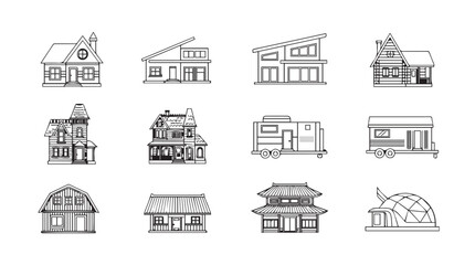 Collection of hand-drawn architectural building icons simple sketches representing diverse structures vector
