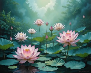 Serene Lotus Pond Captivating Beauty and Tranquility in Nature's Embrace, Tranquil Reflections