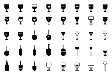 Black Silhouette Drink ware Vector Icon Set. Diverse Wine, Cocktail, Beer, and Alcohol Glass Shapes for UI Design.