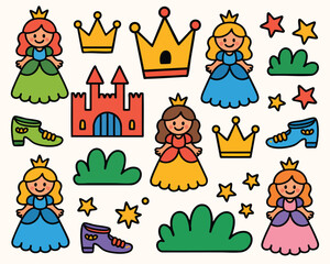 Naklejka premium Cute princess castle crown stars shoes pattern vector illustration for kids and girls design 100char