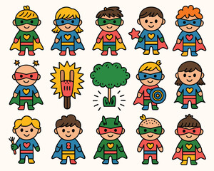 Cartoon superhero characters vector illustration cute superhero kids with capes and masks clip art design