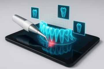 Technological Insight into Dental Health: A modern approach to oral health, where a digital dental model interact with the dental tools.