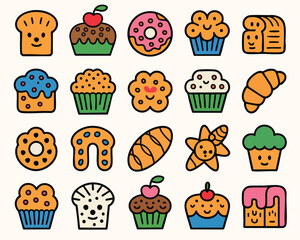 Cartoon bakery goods vector illustration featuring cupcakes donuts bread and other sweet treats