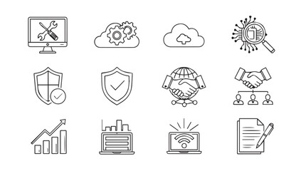 Collection of hand drawn business and technology icons for digital projects and presentations vector