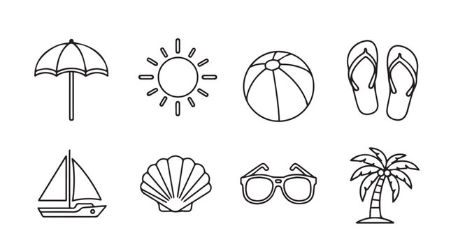 Summer beach icons collection set featuring sun umbrella ball flip flops boat shell sunglasses palm tree vector