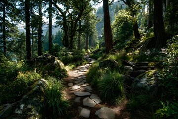 Obraz premium Inviting image of a winding stone path leading through a vibrant green forest filled with tall pine trees and lush undergrowth, with sunlight filters.