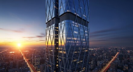 Modern Skyscraper at Sunset - Geometric Facade Reflecting Golden Hour Light.