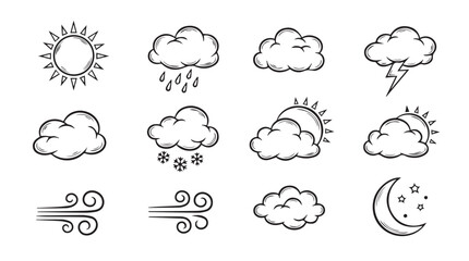 Collection of hand drawn weather icons showing sun clouds rain snow wind and moon celestial bodies vector