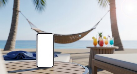 Tropical Beach Getaway - Smartphone Display, Hammock, Cocktails, and Ocean View.