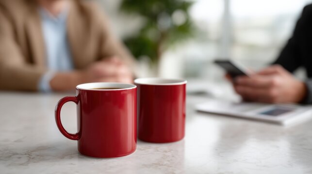 Red coffee mug and red coffee mug on marble table with two colleagues chatting casually over morning coffee, warm office scene with smartphone and documents in soft focus
