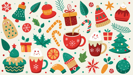 A Christmas-themed cozy illustration with scattered festive items