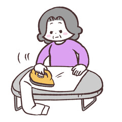 アイロンをかけるシニア女性のイラスト