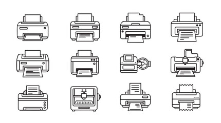 Set of diverse printer icons representing modern and classic printing devices for technology concepts vector