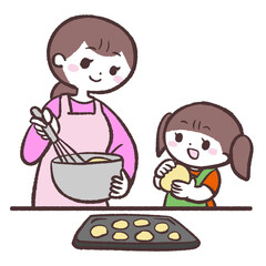 お菓子作りする女の子とお母さんのイラスト