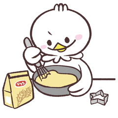 お菓子を作る白い鳥のイラスト