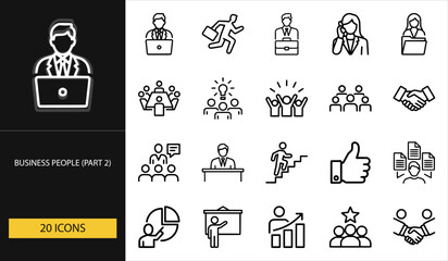 Thin line business people icons set of 20 vector symbols including teamwork, meeting, idea, success, leadership, communication, and collaboration design