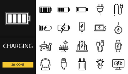 Thin line charging icons set of 20 vector symbols including battery, plug, cable, charger, solar, power bank, and electric energy concept