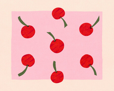 Naklejki Red cherries on pink background illustration
