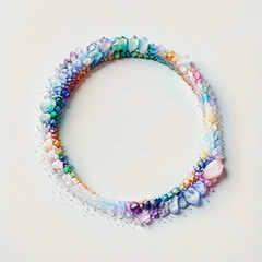 Circular Frame of Scattered Colorful Crystals on a Light Textured Background