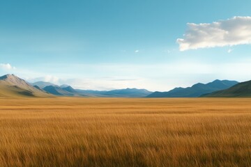 Fototapeta premium Vast Landscape Panorama: A stunning vista unveils endless fields of golden-brown crops beneath a vibrant blue sky dotted with fluffy clouds. Undulating terrain meets distant mountain ranges.