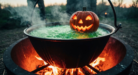 A carved pumpkin sits atop a bubbling cauldron of green liquid over a fire.