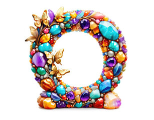 Jeweled Letter O with Golden Butterflies and Vibrant Gemstones
