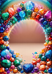 Explosion of Colorful Crystals Framing a Warm Wood Floor Scene