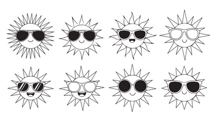 Set of eight whimsical hand-drawn sun faces with diverse sunglasses for summer fun vector