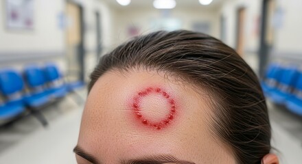 Close-Up of Circular Skin Lesion on Forehead, Medical Examination, Hospital Setting.