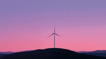 Majestic Wind Turbine Silhouette Against a Serene Pink and Purple Sunset Over Rolling Hills Highlighting Renewable Energy and Natural Beauty