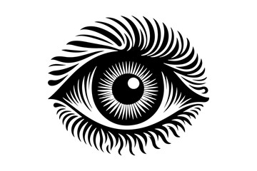Stylized black and white eye with radiating iris and lashes pupil