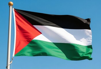 Fototapeta premium National flag of Palestine waving against a clear blue sky, mounted on a silver flagpole, showcasing national identity, symbolism, and patriotic presence. Palestine Flag.
