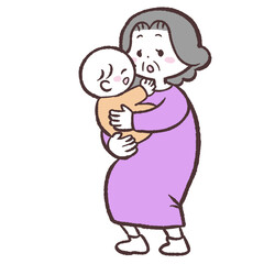 赤ちゃんを抱っこするシニア女性のイラスト