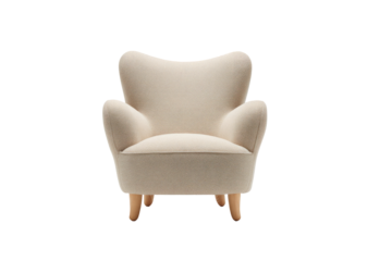Cream-colored armchair with rounded, upholstered back and arms