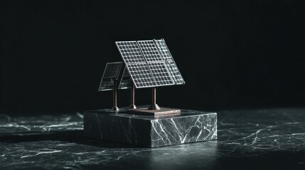 Miniature solar panels on a dark marble base displaying innovative renewable energy concepts in a sleek, modern environment for eco-friendly imagery.