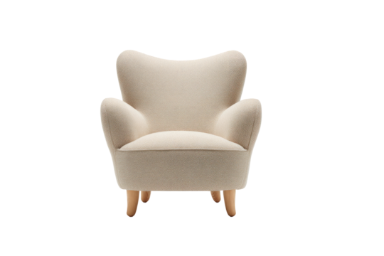 Cream-colored armchair with rounded, upholstered back and arms
