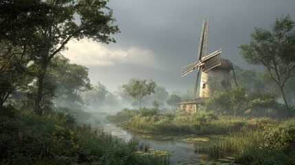 Tranquil Landscape Featuring a Vintage Windmill Surrounded by Lush Greenery and a Serene Waterway Under a Misty Sky at Dawn