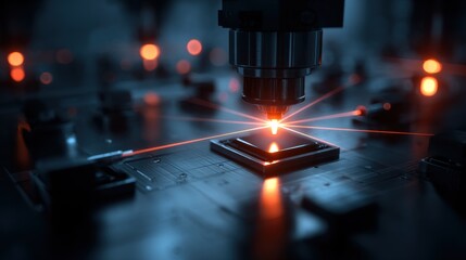 Precision Laser Technology for Microchip Production: A Close-Up of Laser Engraving Process with a Focus on Circuit Board in a High-Tech Environment