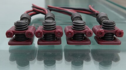 Close-Up View of Electrical Connectors with Red and Black Wires Arranged Neatly on a Glass Surface Showcasing Industrial Design and Precision Engineering