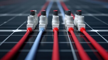Close-Up of Solar Panel Wiring with Red and Blue Cables, Connectors, and Junction Boxes on a Black Solar Panel Surface for Renewable Energy Technology