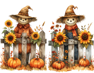 Rustic Fall Harvest Combo: Scarecrow with Pumpkins and Sunflowers Isolated on Transparent Background